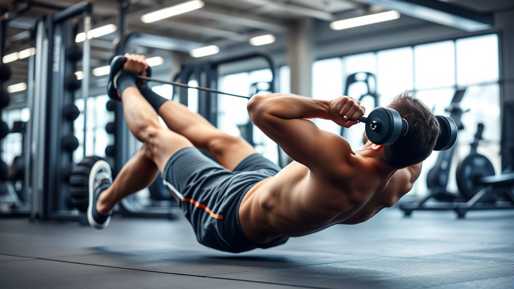 Athletic man performing weighted cable crunches at gym, core engaged, perfect form, focused expression, professional lighting