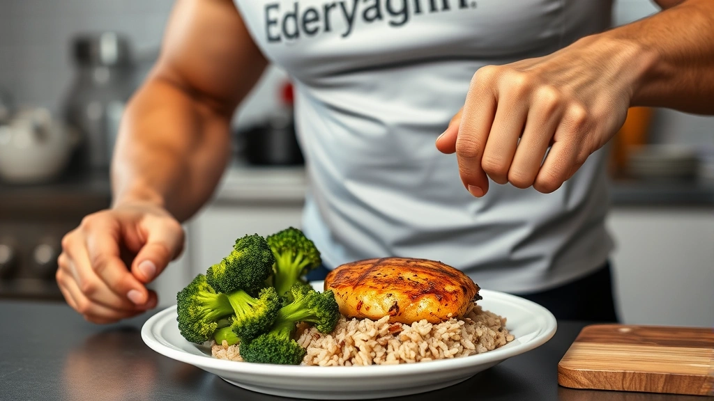 Muscular athlete preparing grilled chicken breast with steamed broccoli and brown rice on white plate, kitchen setting, professional food photography