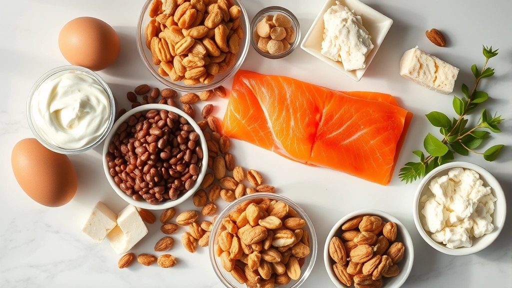 Overhead flat lay of diverse protein sources: eggs, Greek yogurt, salmon fillet, lentils, tofu, cottage cheese, nuts on marble countertop with natural lighting