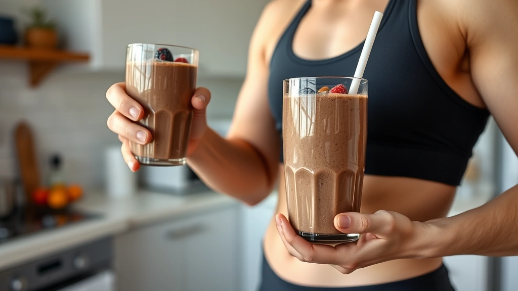 Fit person holding glass of chocolate protein smoothie with berries and almonds, post-workout recovery scene, bright kitchen, athletic wear visible