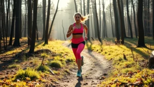 Athletic woman running on sunny forest trail at dawn, wearing bright athletic gear, focused expression, natural woodland background with filtered sunlight creating dynamic shadows