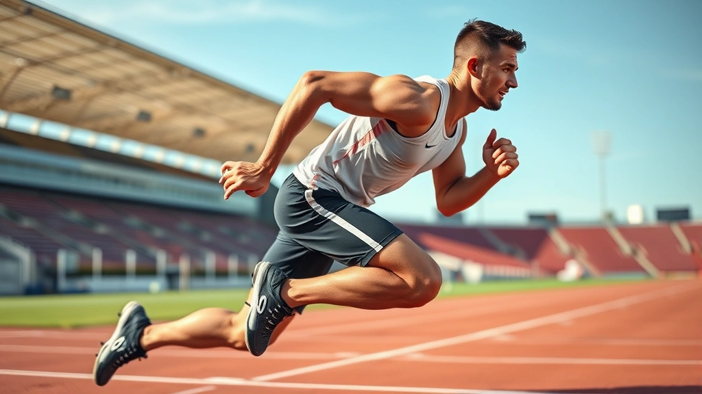 Fit male runner sprinting on track with intense effort and determination, muscles engaged, sweat visible, professional running shoes, outdoor stadium setting with clear sky