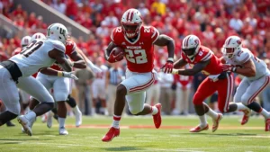 Athletic football running back in Wisconsin uniform bursting through offensive line during game, powerful leg drive, defenders attempting tackles, stadium crowd background, action photography