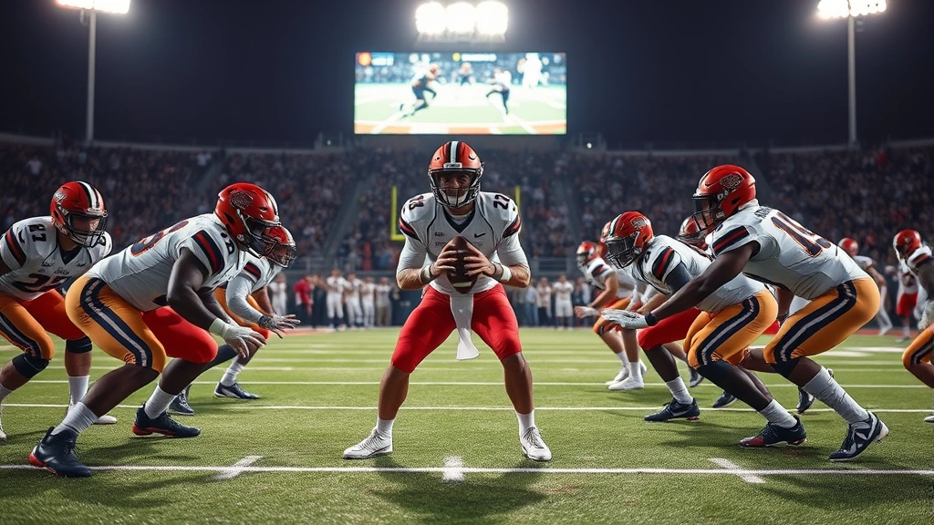 College football quarterback under center preparing snap, offensive line blocking downfield, receivers running routes, stadium lights, dynamic game moment capturing offensive coordination