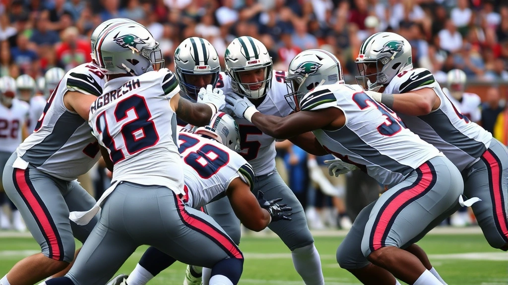 Defensive linemen pressuring quarterback, gap discipline positioning, tackling technique demonstration, football action, intense defensive effort, crowd energy visible