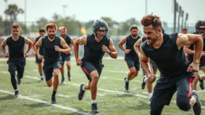 Fit football players executing explosive conditioning drill, running with maximum intensity on grass practice field, sweat visible, intense focus and athletic power demonstrated.