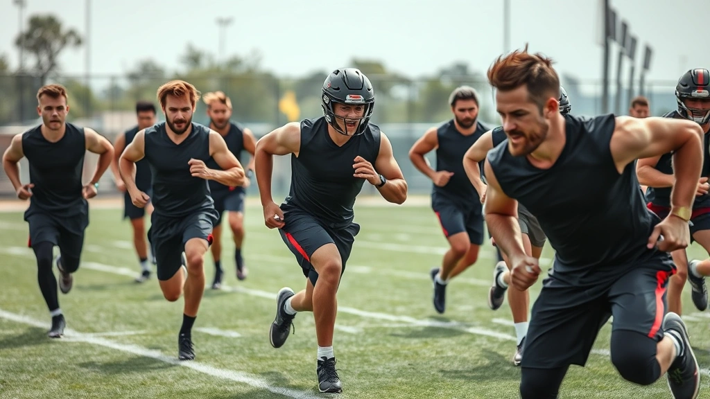 Fit football players executing explosive conditioning drill, running with maximum intensity on grass practice field, sweat visible, intense focus and athletic power demonstrated.