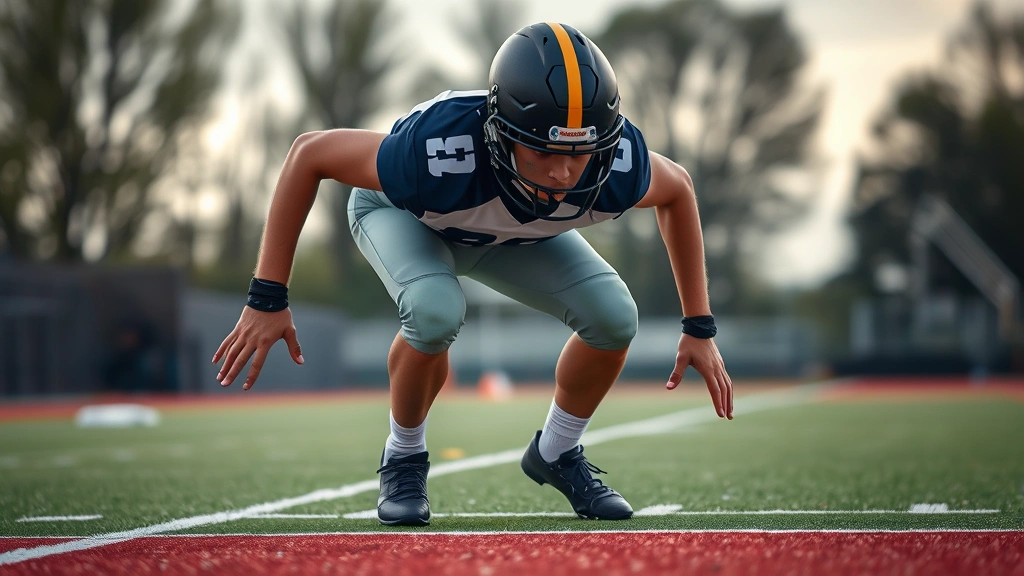 Young football player in starting position demonstrating explosive power and perfect body alignment, ready to burst forward during conditioning sprint drill on track.