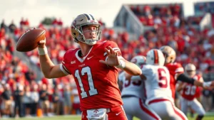 Dynamic college football quarterback mid-throw during daytime stadium game, focused facial expression, perfect form, defenders approaching, crowd blurred background, action shot