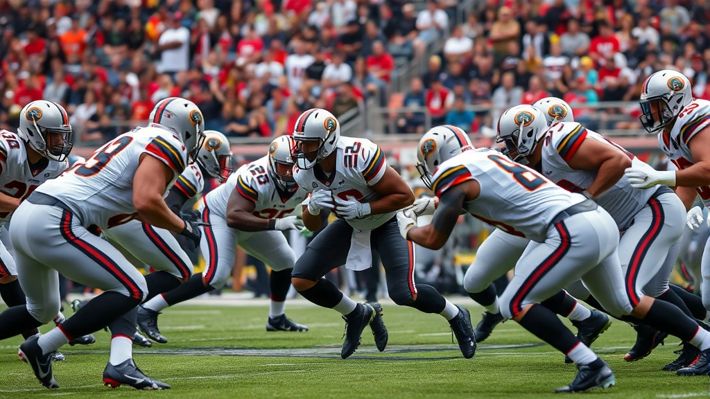 Defensive line players pressuring quarterback, athletic pursuit, gap discipline demonstrated, multiple defenders converging, intensity captured, stadium crowd energy visible