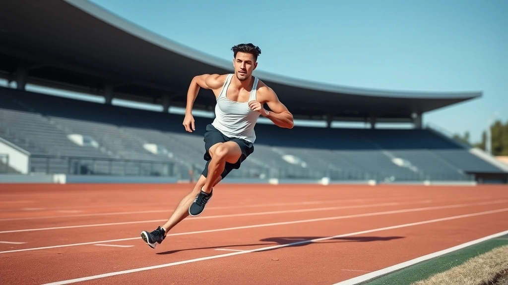 Male athlete sprinting at full speed on outdoor track with blue sky, muscles engaged, perfect running form, athletic intensity captured mid-stride