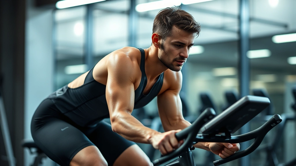Male cyclist performing high-intensity interval training on stationary bike, concentrated expression, modern gym environment, sweat visible, professional lighting