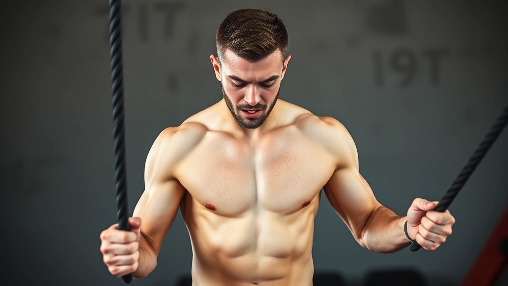 Fit person jumping rope with determination, rope in motion blur, gym background, sweat visible, explosive athletic movement, concentrated facial expression