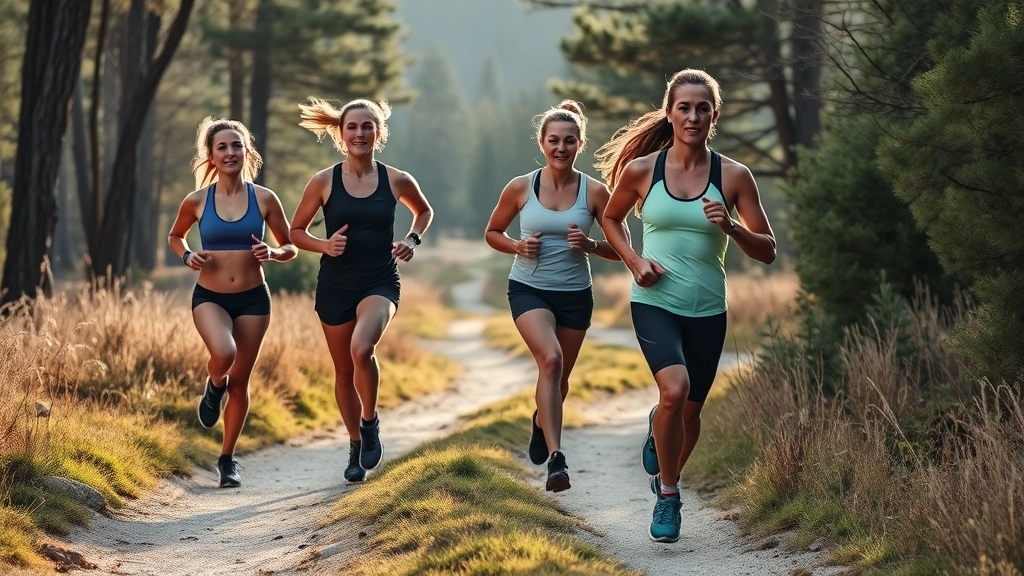 Group of athletes running together on trail during tempo workout, mixed genders, natural outdoor setting, morning light, strong form, sustainable pace intensity