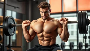 Muscular male athlete performing heavy barbell back squat with perfect form in modern gym, intense focused expression, dramatic lighting highlighting muscle definition and movement