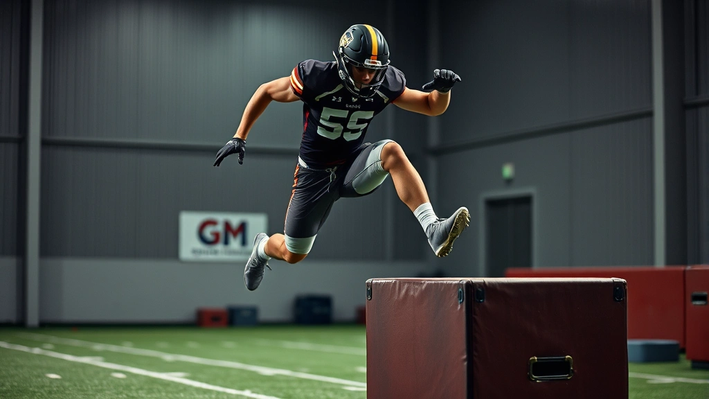 Athletic football player executing powerful box jump with explosive lower body drive, mid-jump height, dynamic motion captured, professional training facility background with minimal equipment visible