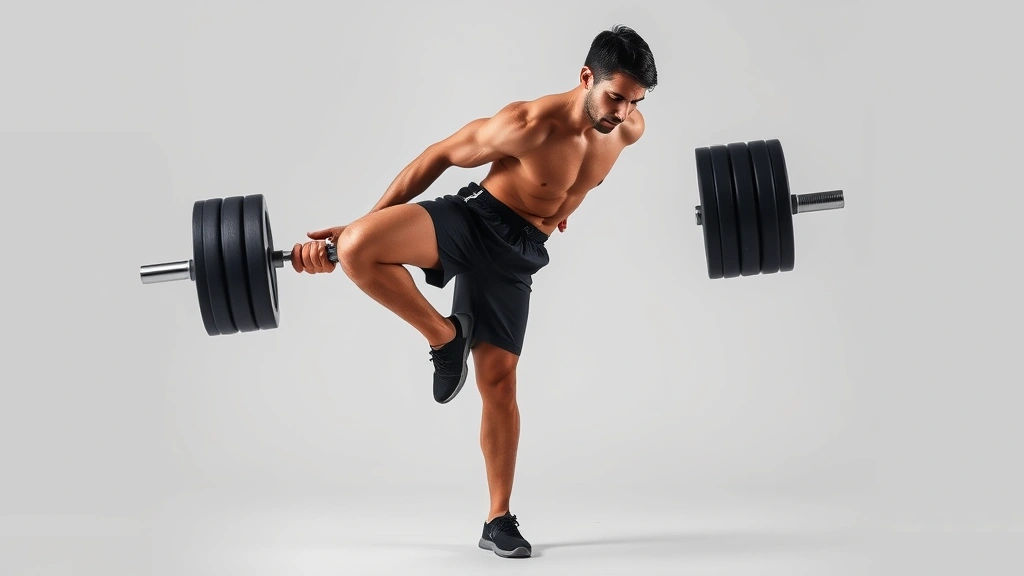 Shirtless fit male athlete performing single-leg Romanian deadlift with dumbbell, demonstrating balance and posterior chain strength, neutral background emphasizing movement quality and muscle engagement