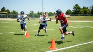 High school football players performing three-cone agility drill on grass field, athletes sprinting between cones with explosive cutting motion, athletic wear, sunny day, action shot