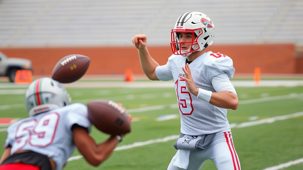 Quarterback in practice uniform throwing football to receiver downfield, clean form and release point visible, stadium or practice field background, dynamic throwing mechanics