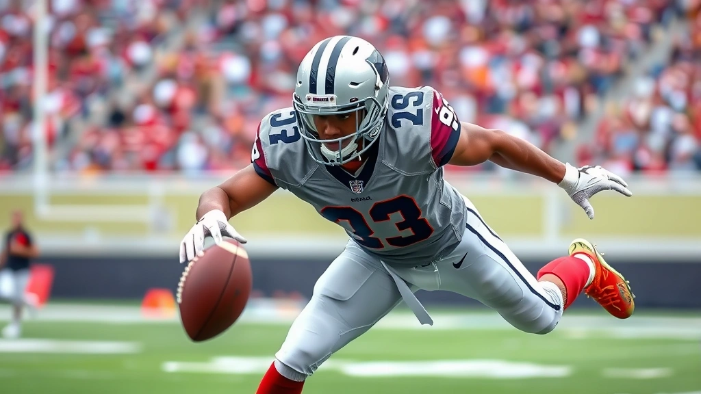 Defensive back in coverage position tracking football through air, athletic positioning with proper stance, football field background, concentration and focus evident