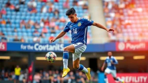Athletic male soccer player in Honduras national team jersey performing powerful kick during competitive match, stadium background, professional sports photography