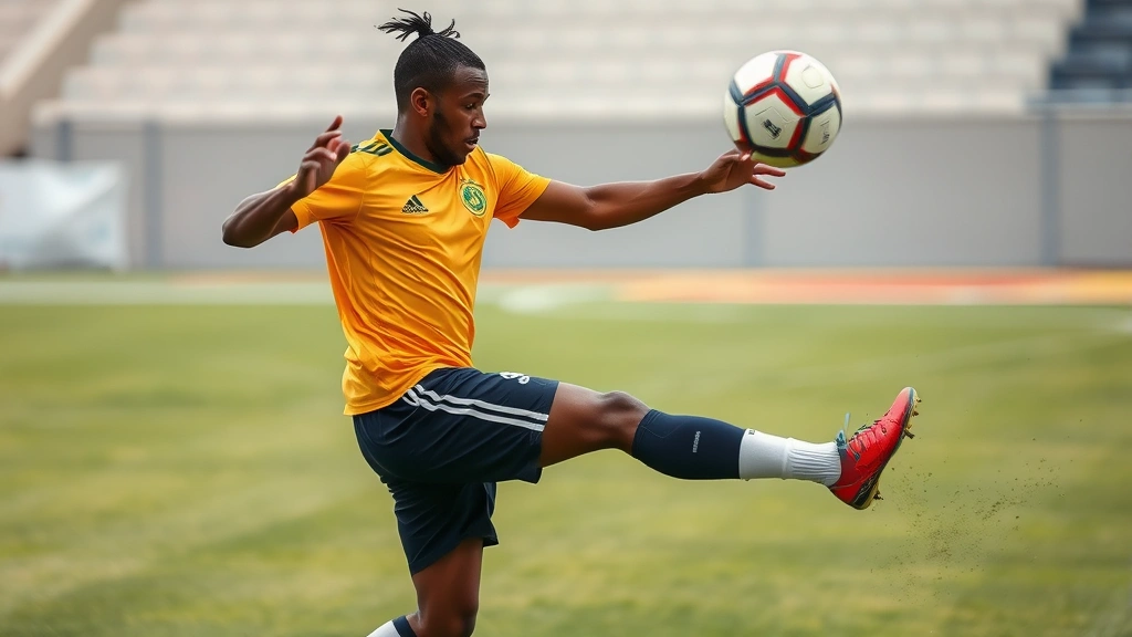 Caribbean football player executing technical pass with perfect form, dynamic action shot showing skill and precision, grass field detail visible