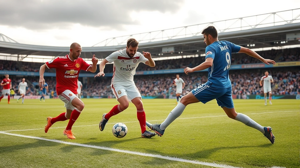 International football match action scene showing defensive intensity and tactical positioning, players competing for ball control, professional stadium setting