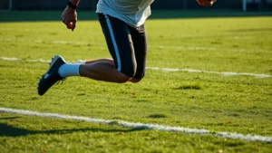 Professional football player performing explosive sprint acceleration on grass field, dynamic motion capture, muscles engaged, athletic intensity, natural outdoor lighting