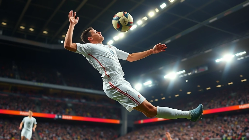 Elite footballer executing powerful header during competitive match, aerial dominance, core stability, strength and coordination visible, stadium environment with motion blur