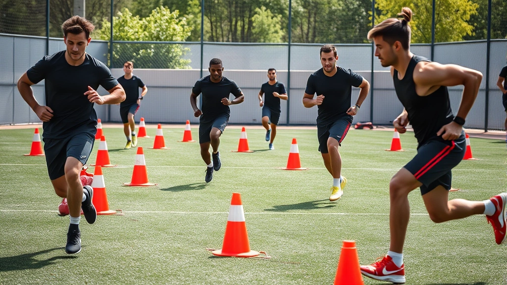 Athletes performing high-intensity interval training circuit with agility cones and ladder drills, explosive lateral movement, focused determination, outdoor training ground with professional setup