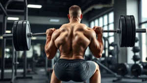 Muscular athlete performing deep barbell back squat with perfect form in modern gym, viewed from side angle, showing proper knee and hip alignment, intense focus, professional lighting