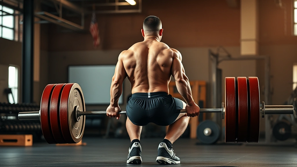 Strong lifter executing heavy deadlift with proper spinal alignment and posterior chain engagement, demonstrating complementary exercise for squat strength development, powerful athletic build