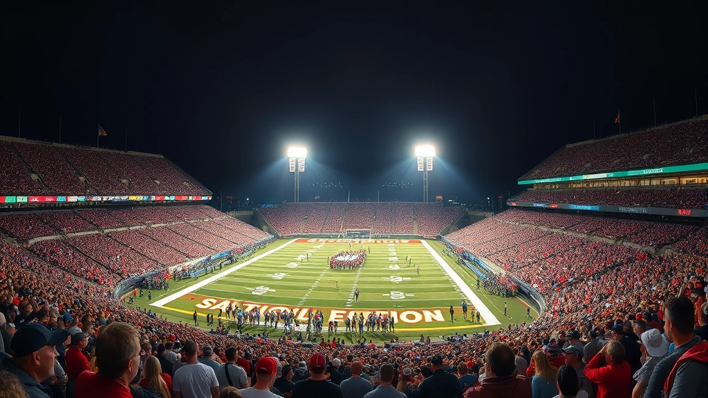 College football stadium packed with fans during second half, wide angle showing crowd energy and game atmosphere under stadium lights
