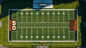 Aerial overhead view of a complete American football field showing all yard lines, hash marks, end zones, goal posts, and field dimensions from end line to end line, photorealistic daytime stadium lighting