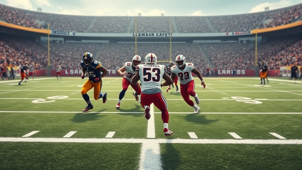 Close-up action shot of multiple football players during gameplay showing the width of the field and field markings, demonstrating player positioning across the 53-yard width, photorealistic dynamic movement