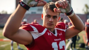 Young male high school football player in red jersey performing dynamic stretching on sideline before game, natural daylight, focused expression, athletic preparation routine