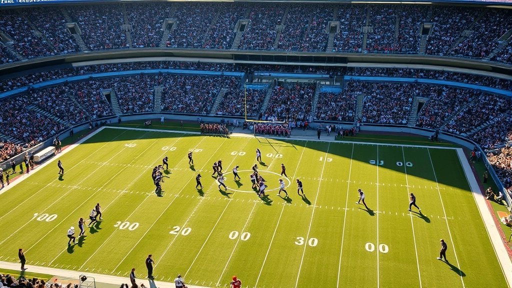 Overhead view of football field during game with players lined up for play, stadium crowd in background, bright afternoon lighting, competitive action moment
