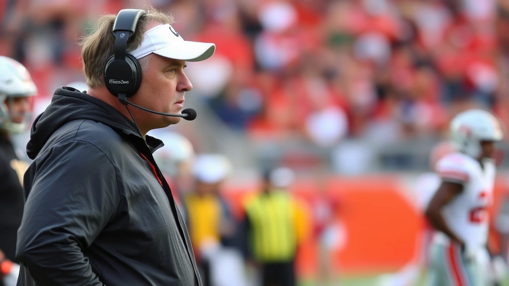Football coach wearing headset on sideline during fourth quarter game, analyzing play, intense focus, crowd blurred in background, game management moment