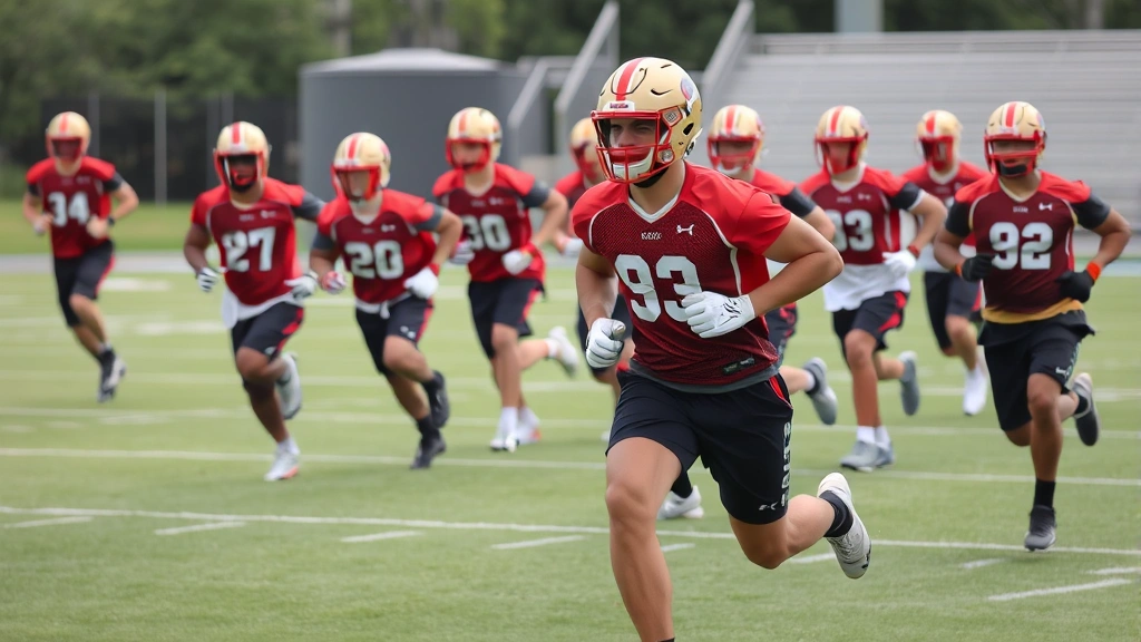 Group of football players in training gear performing conditioning drills on field, multiple athletes running sprints and directional changes, high-intensity workout, green grass field with clear yard markings
