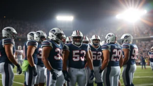 Professional football players in full gear standing in huddle on field during first quarter, intense focus on faces, stadium lights bright overhead, dramatic action photography