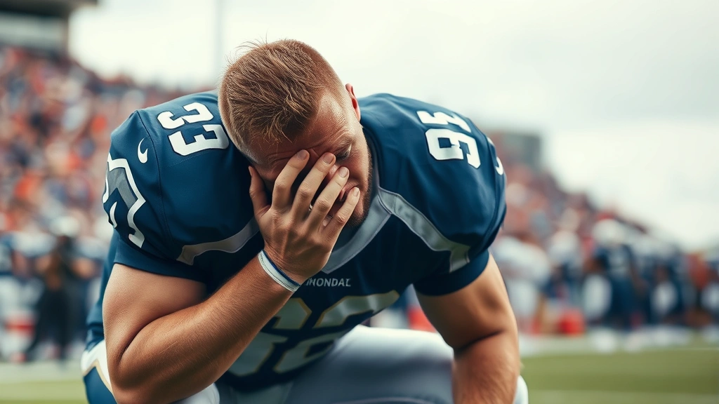 Exhausted football player breathing heavily in fourth quarter, sweat visible, hands on knees, showing fatigue and determination, sideline blur in background, photorealistic emotion