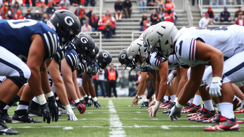 Football defensive line players in crouched stance at line of scrimmage, intense focus, proper pad level and positioning, multiple players ready to engage, stadium setting