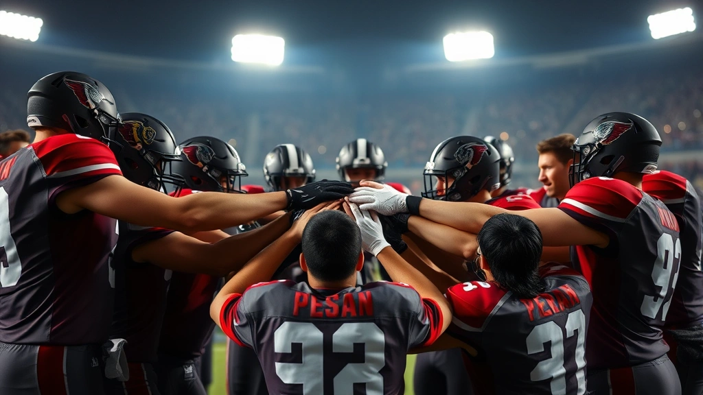 Team of football players huddled together in motivational circle, hands stacked together, showing unity and camaraderie, stadium lights visible, diverse athletes celebrating teamwork