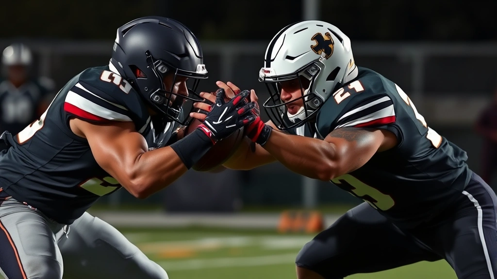 Defensive football player in low pad position engaging with blocking dummy, demonstrating gap control and hand placement technique with aggressive intensity