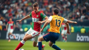 Professional football players in competitive match action, Hungarian team jersey wearer controlling ball mid-field with Netherlands defender closing in, intense stadium atmosphere, dynamic movement captured