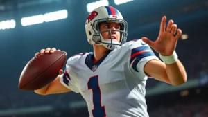 Professional football quarterback mid-throw motion, stadium lighting, intense facial expression, NFL-quality photorealism, action shot capturing athletic excellence