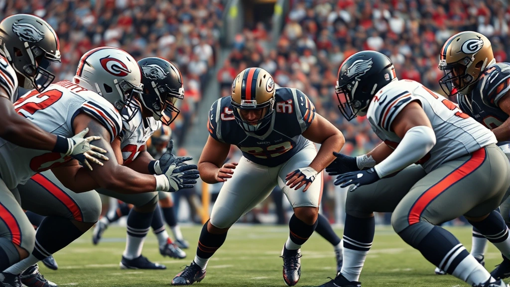 Defensive line players executing gap assignments, defensive tackle penetrating offensive line, photorealistic action capture, stadium environment, athletic intensity and precision