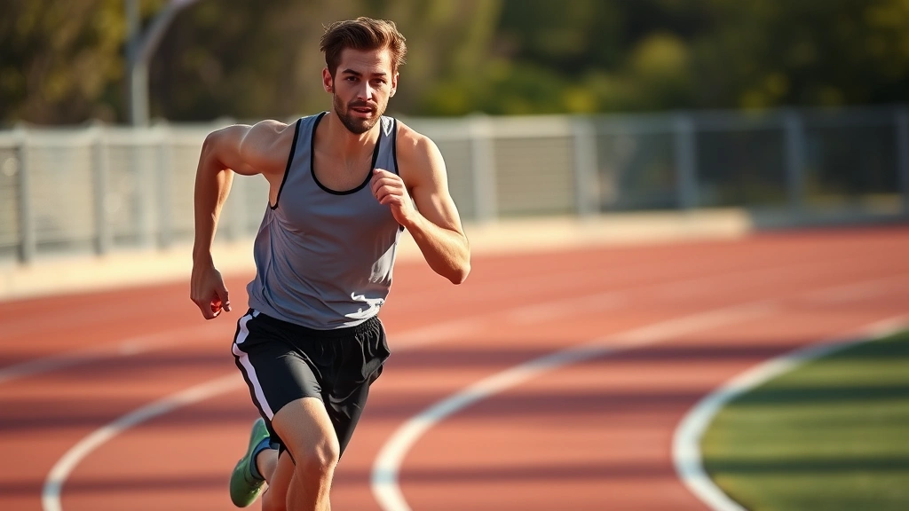 Athletic male runner sprinting at maximum effort on outdoor track, intense facial expression, powerful stride, morning sunlight, motion blur background