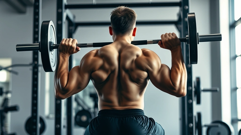 Athletic male performing barbell back squat with perfect form in modern gym, intense focus, muscular physique, natural lighting, sweat visible, power rack setup