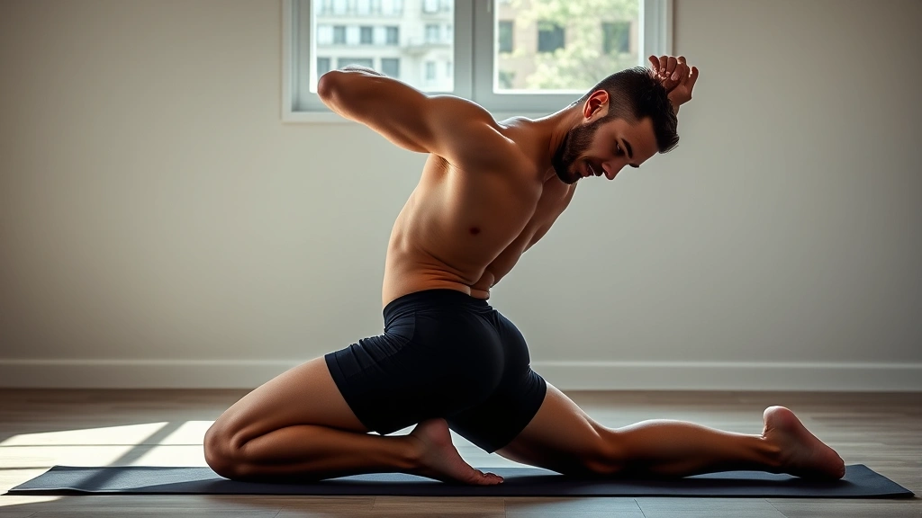 Muscular athlete in deep pigeon pose on yoga mat, natural light studio, focused expression, flexible hip positioning, athletic wear, professional photography